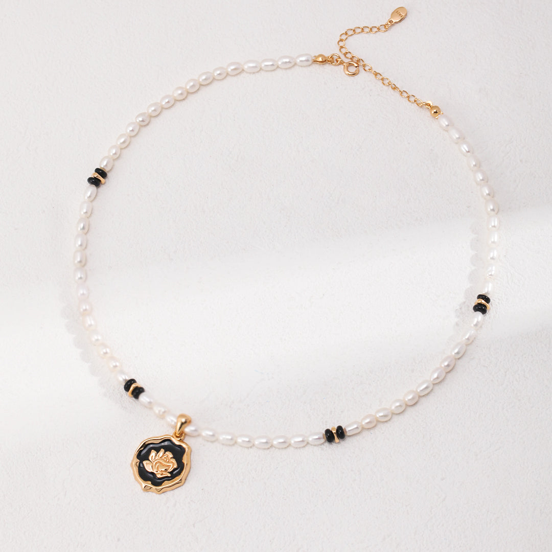 Vintage Freshwater Pearl Necklace with Enamel Flower Pendant