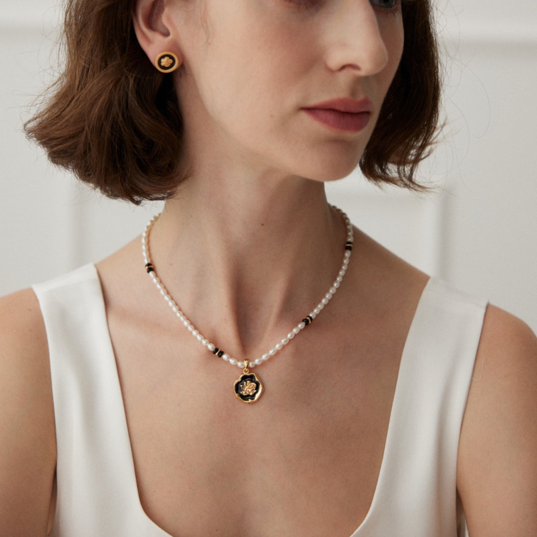 Vintage Freshwater Pearl Necklace with Enamel Flower Pendant