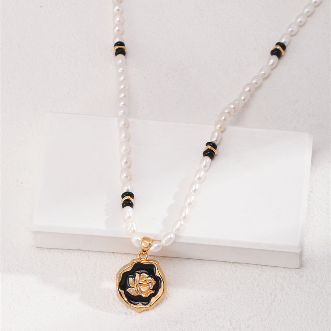 Vintage Freshwater Pearl Necklace with Enamel Flower Pendant
