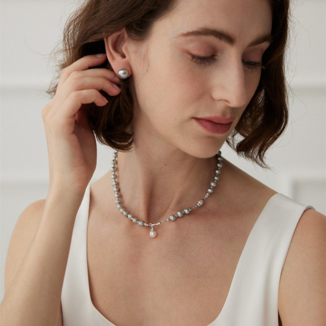 Gray Freshwater Pearl Necklace with White Pearl Pendant