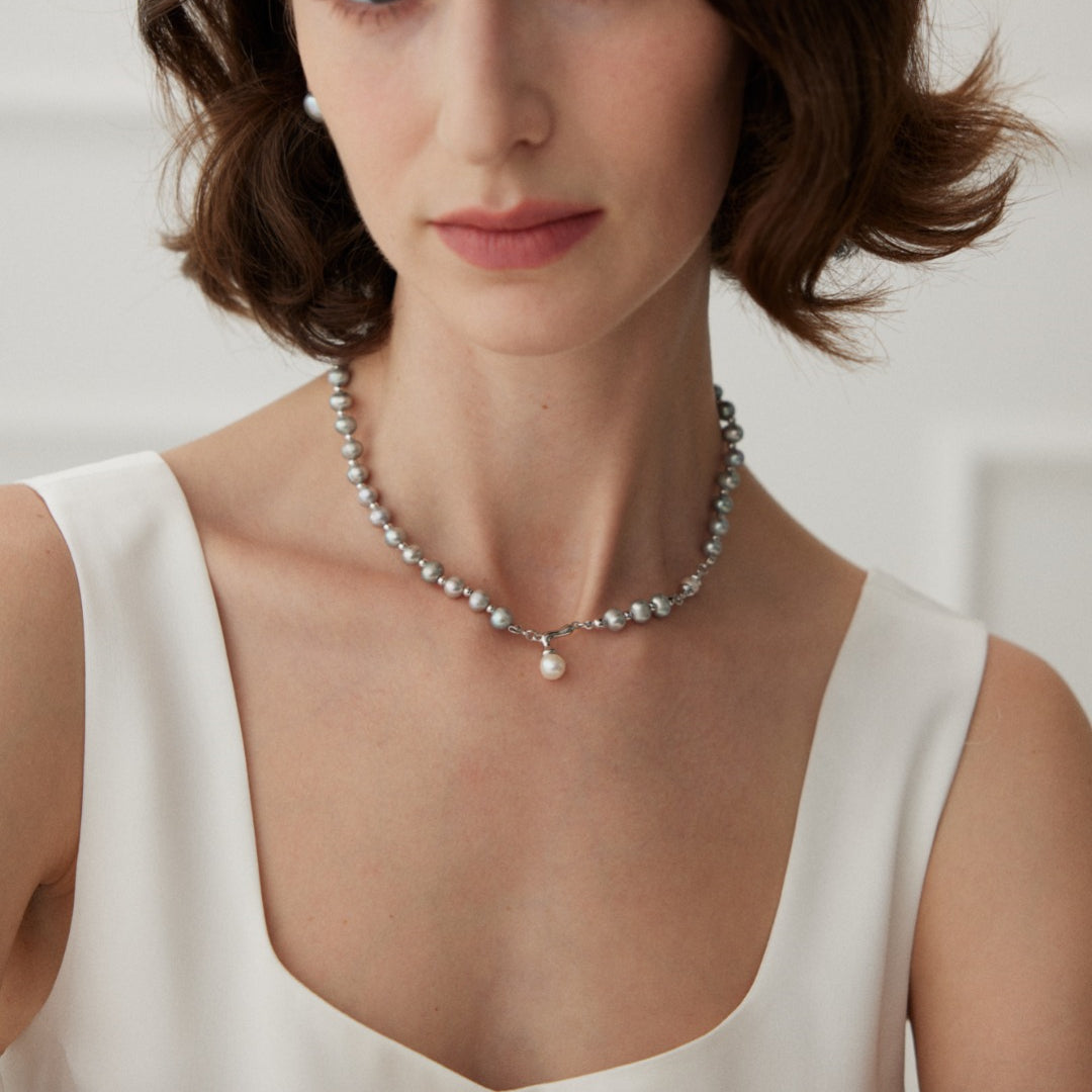 Gray Freshwater Pearl Necklace with White Pearl Pendant