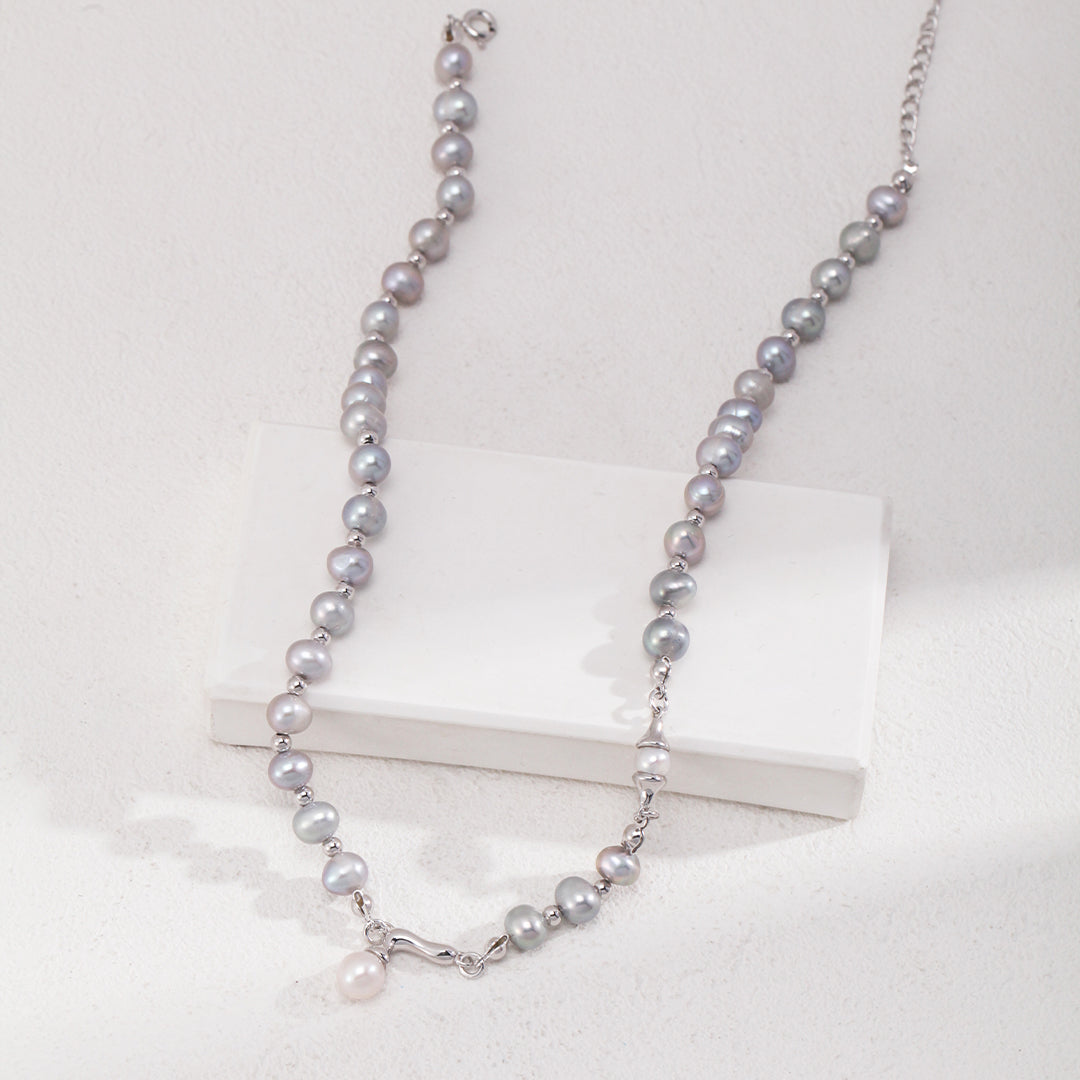 Gray Freshwater Pearl Necklace with White Pearl Pendant