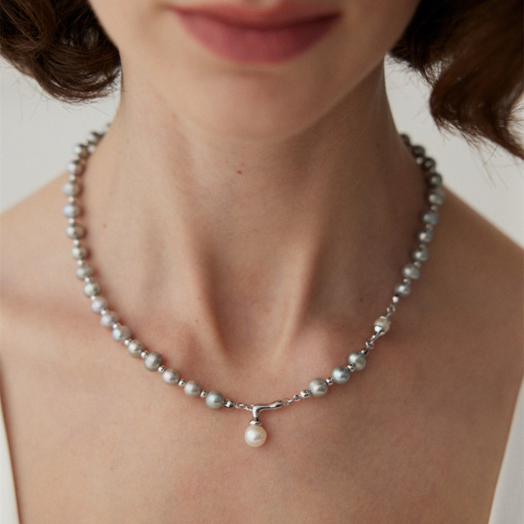Gray Freshwater Pearl Necklace with White Pearl Pendant