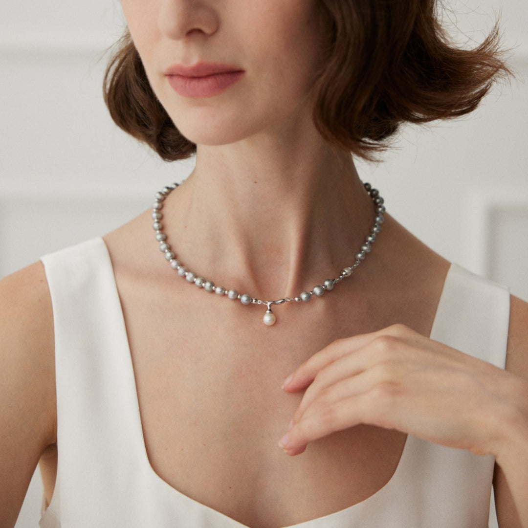 Gray Freshwater Pearl Necklace with White Pearl Pendant