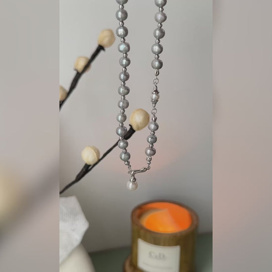 Gray Freshwater Pearl Necklace with White Pearl Pendant
