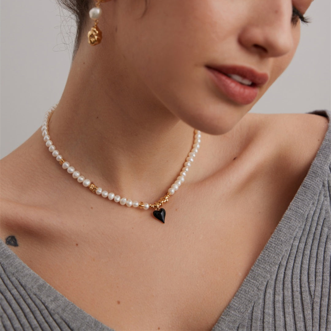Freshwater Pearl Necklace with Black Enamel Heart Pendant