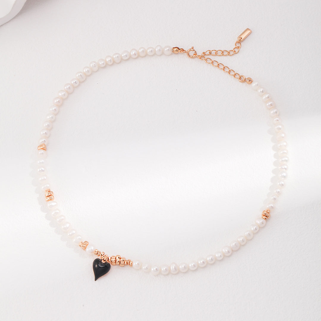 Freshwater Pearl Necklace with Black Enamel Heart Pendant