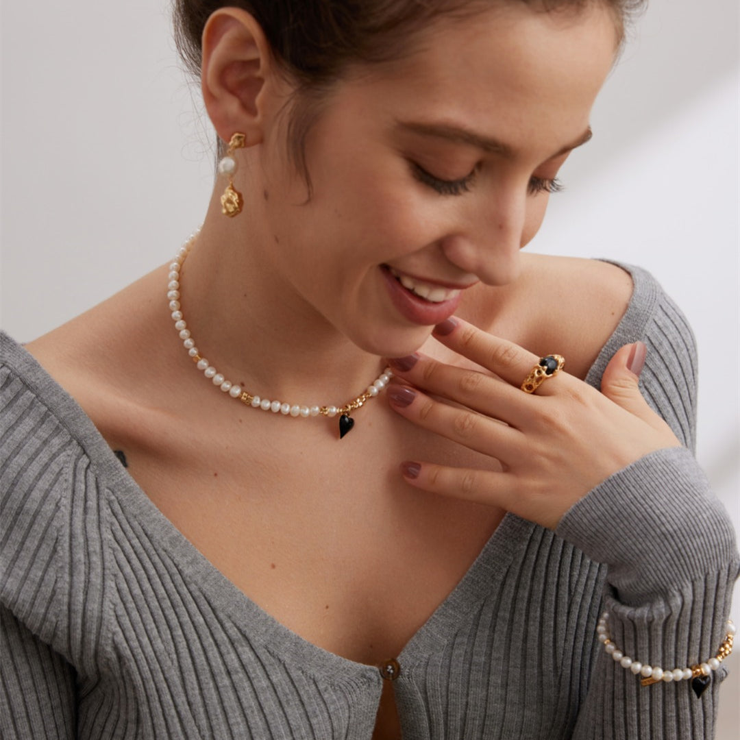 Freshwater Pearl Necklace with Black Enamel Heart Pendant