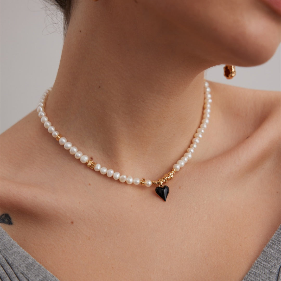 Freshwater Pearl Necklace with Black Enamel Heart Pendant