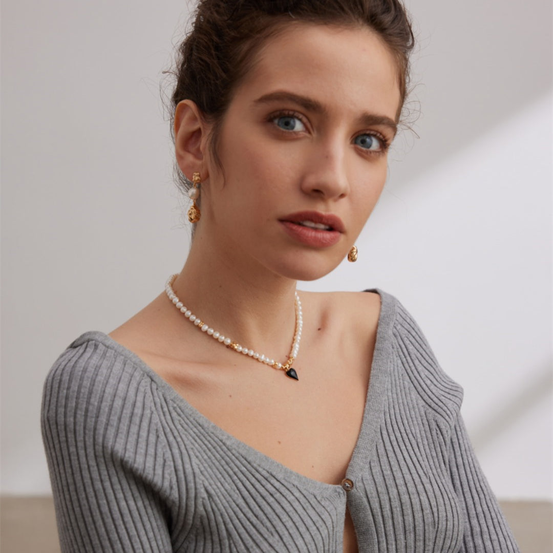Freshwater Pearl Necklace with Black Enamel Heart Pendant