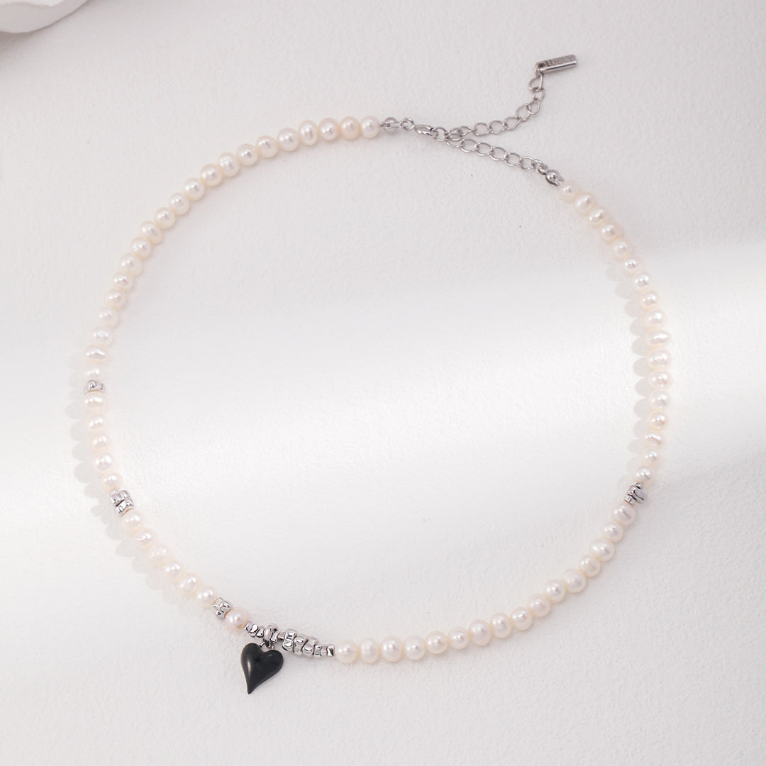 Freshwater Pearl Necklace with Black Enamel Heart Pendant