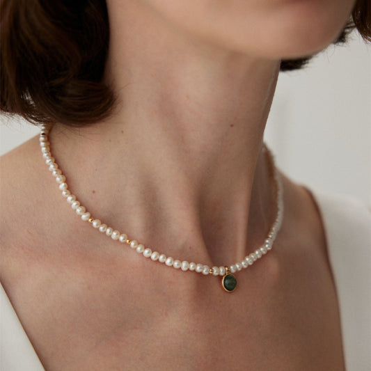 Freshwater Pearl Necklace with Green Agate Pendant