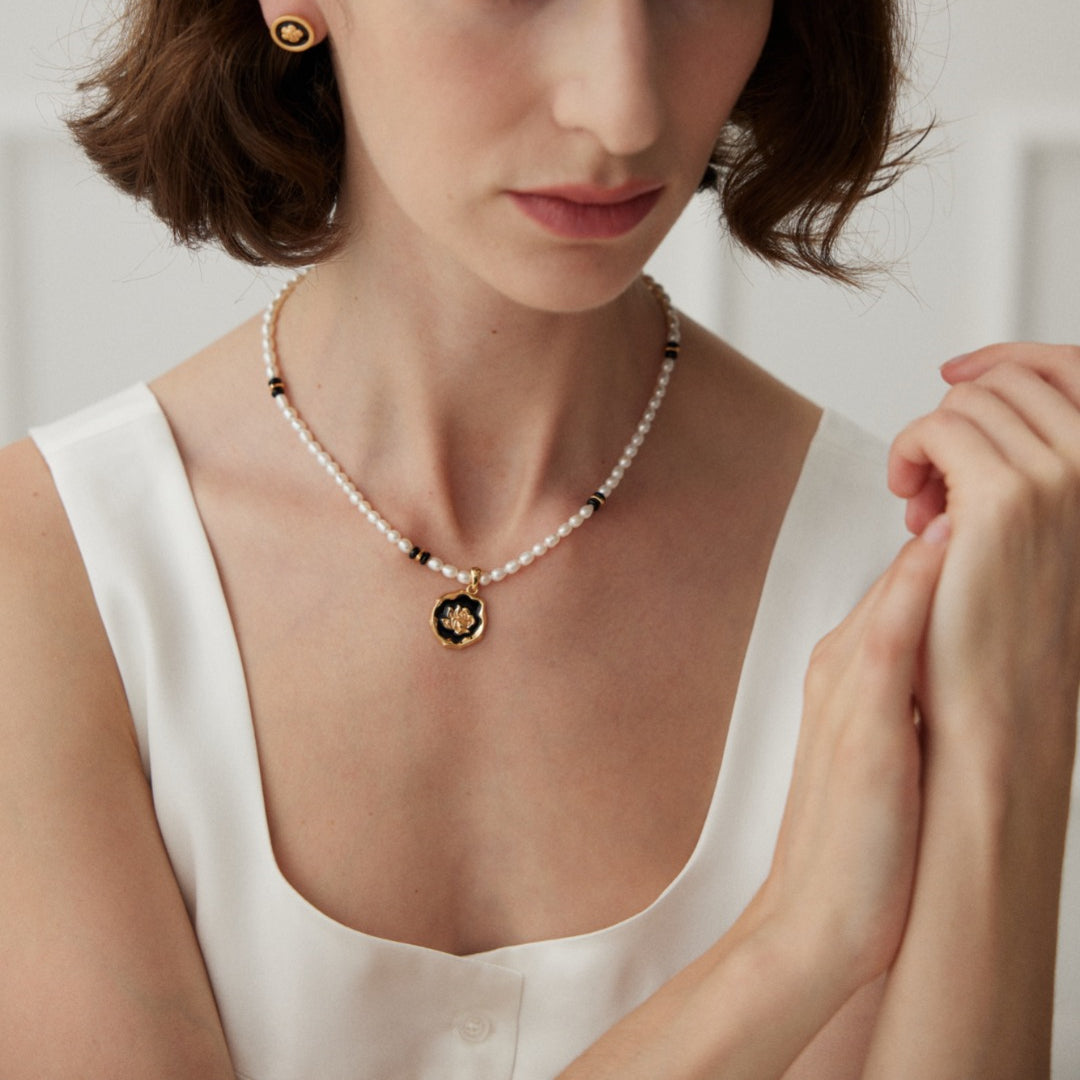 Vintage Freshwater Pearl Necklace with Enamel Flower Pendant