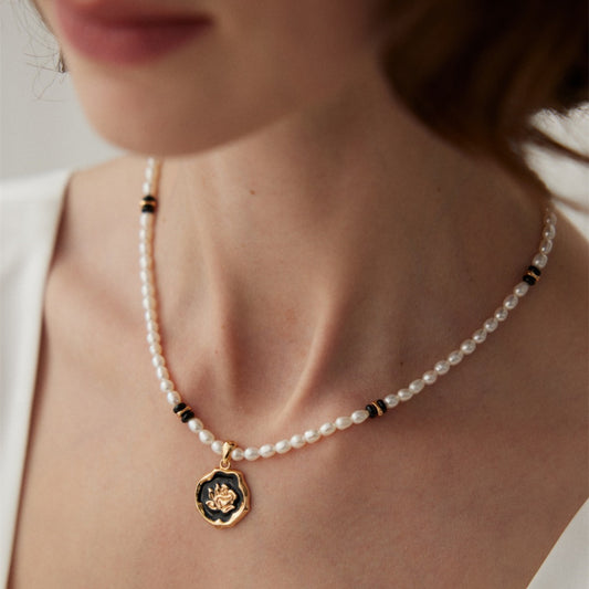 Vintage Freshwater Pearl Necklace with Enamel Flower Pendant