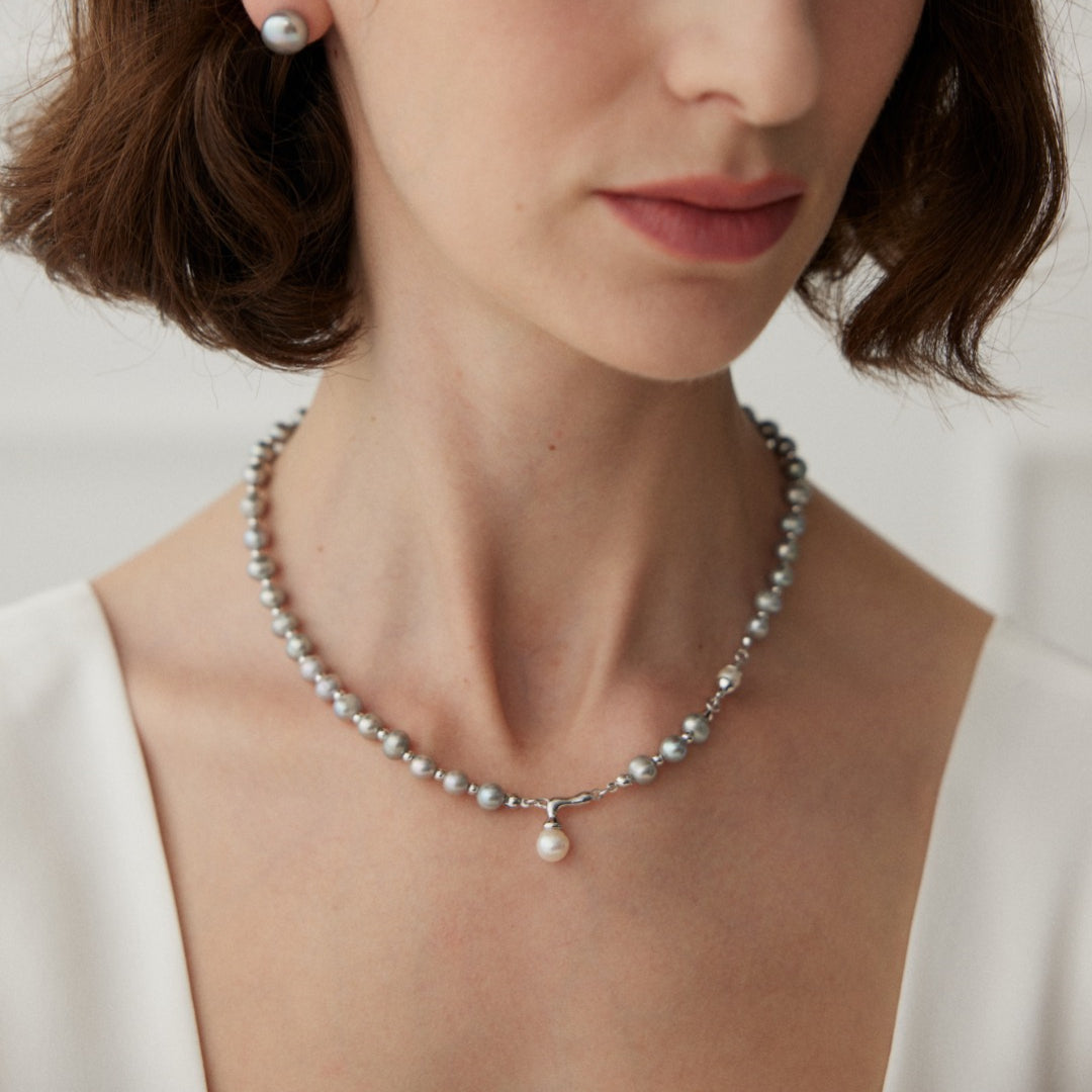 Gray Freshwater Pearl Necklace with White Pearl Pendant