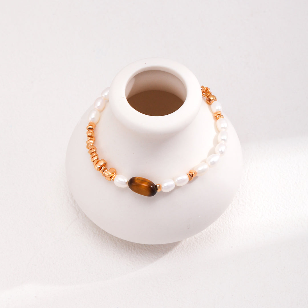 Freshwater Pearl Bracelet with Tiger Eye Stone