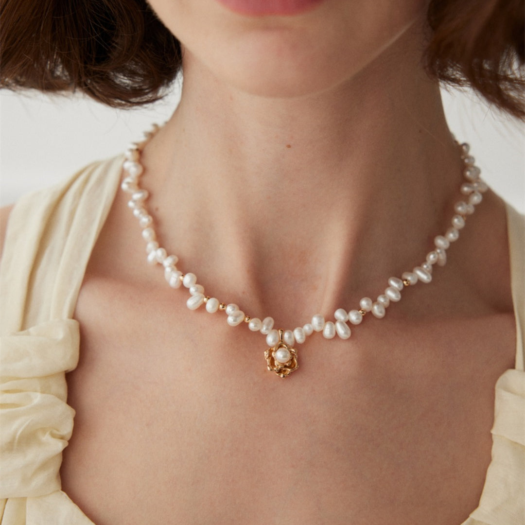 Freshwater Pearl Necklace with Camellia Pendant