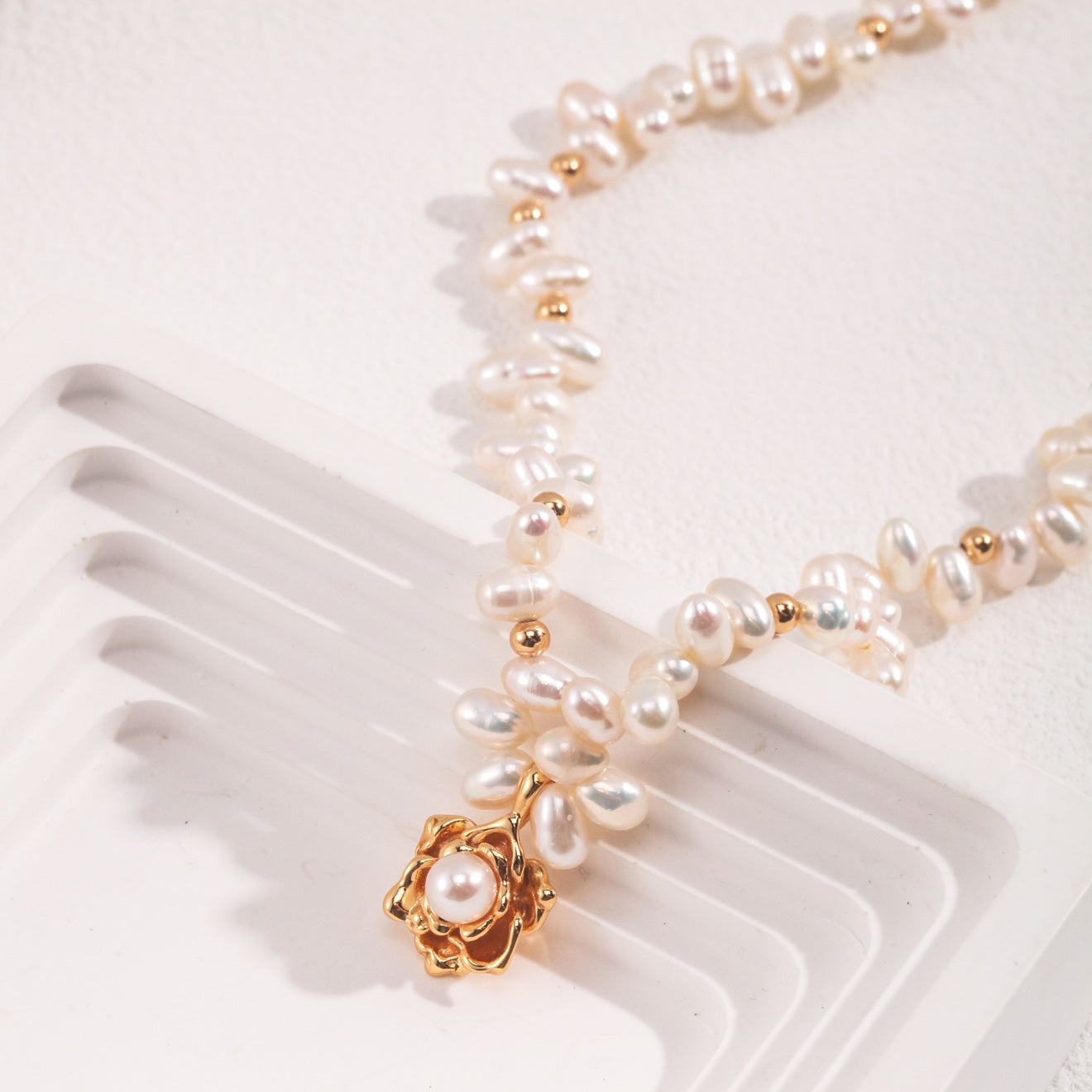 Freshwater Pearl Necklace with Camellia Pendant