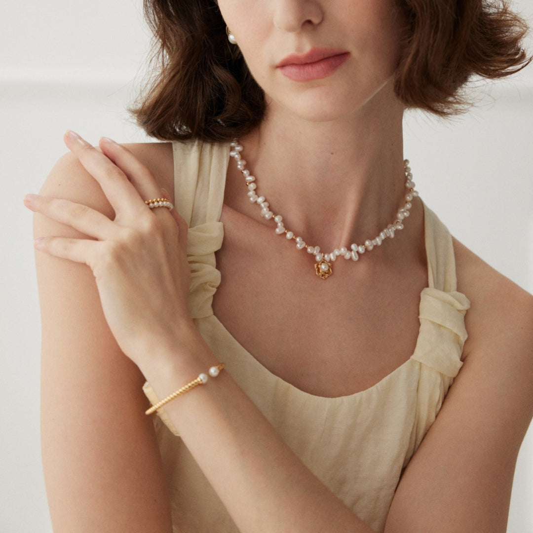 Freshwater Pearl Necklace with Camellia Pendant
