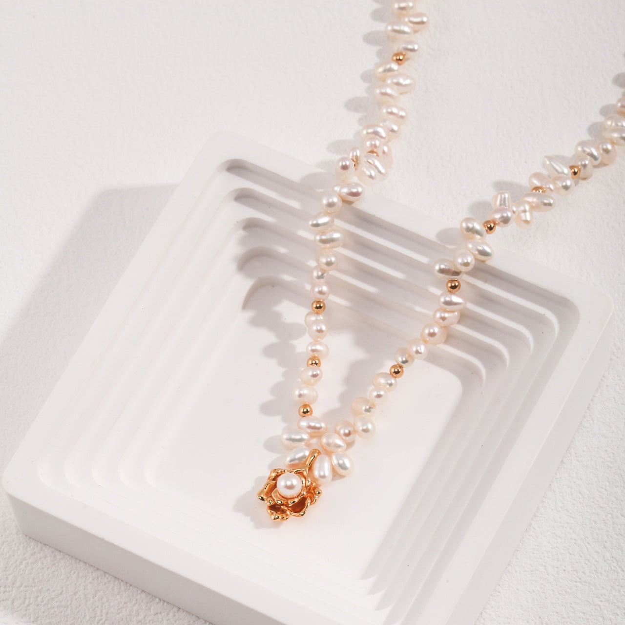 Freshwater Pearl Necklace with Camellia Pendant