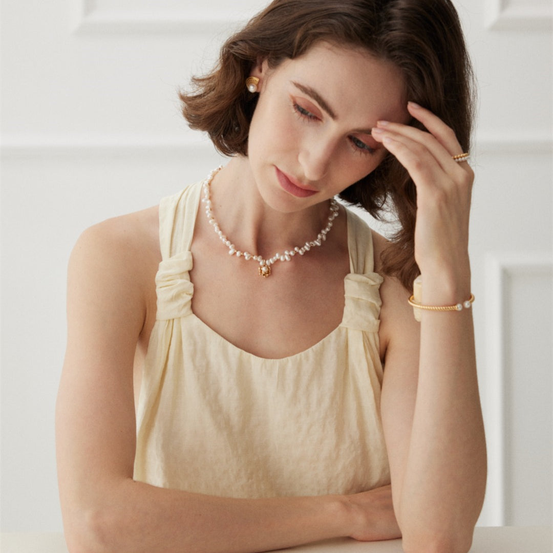 Freshwater Pearl Necklace with Camellia Pendant