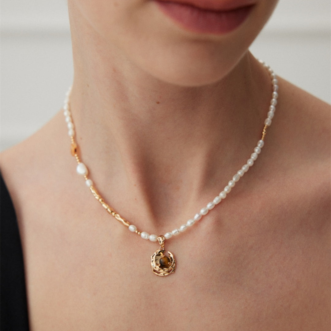 Freshwater Pearl Necklace  with Tiger Eye Pendant