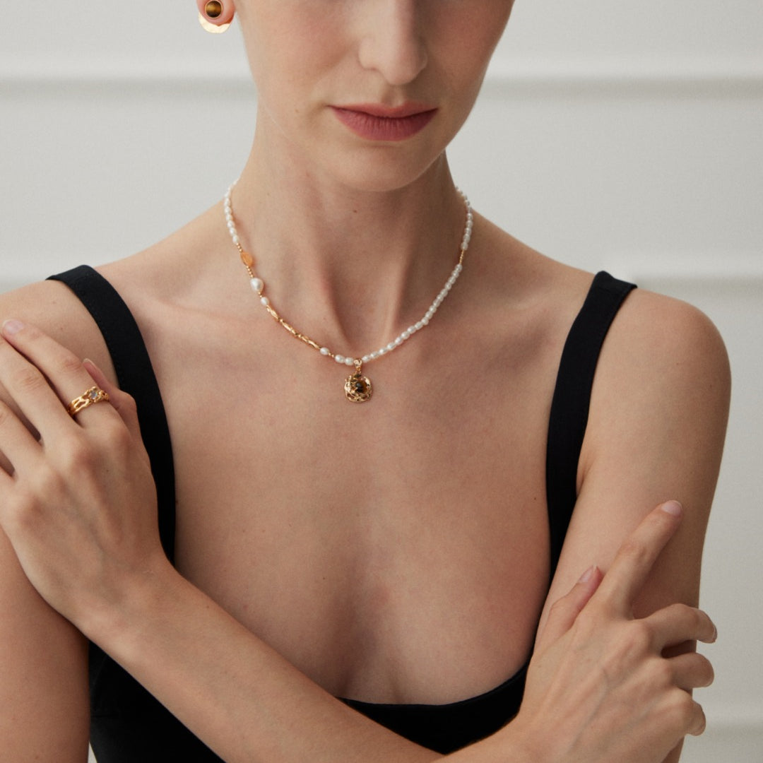 Freshwater Pearl Necklace  with Tiger Eye Pendant