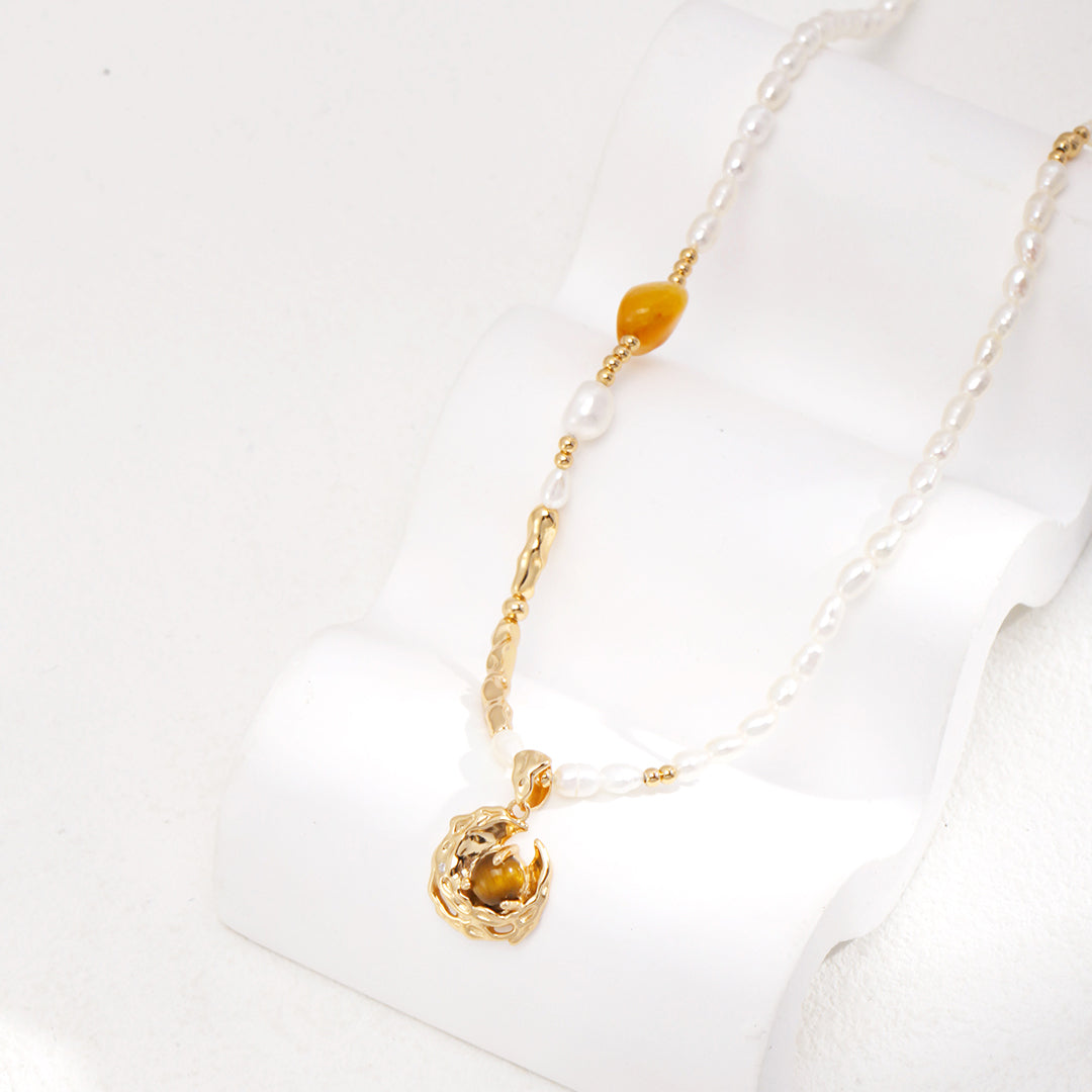 Freshwater Pearl Necklace  with Tiger Eye Pendant