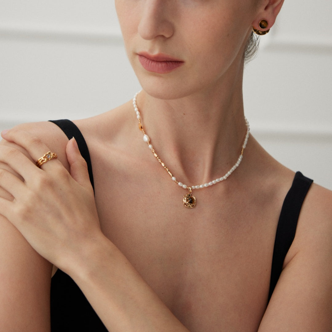 Freshwater Pearl Necklace  with Tiger Eye Pendant