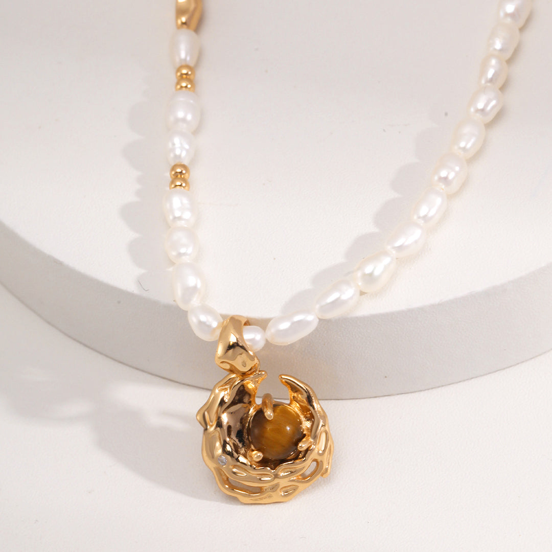 Freshwater Pearl Necklace  with Tiger Eye Pendant