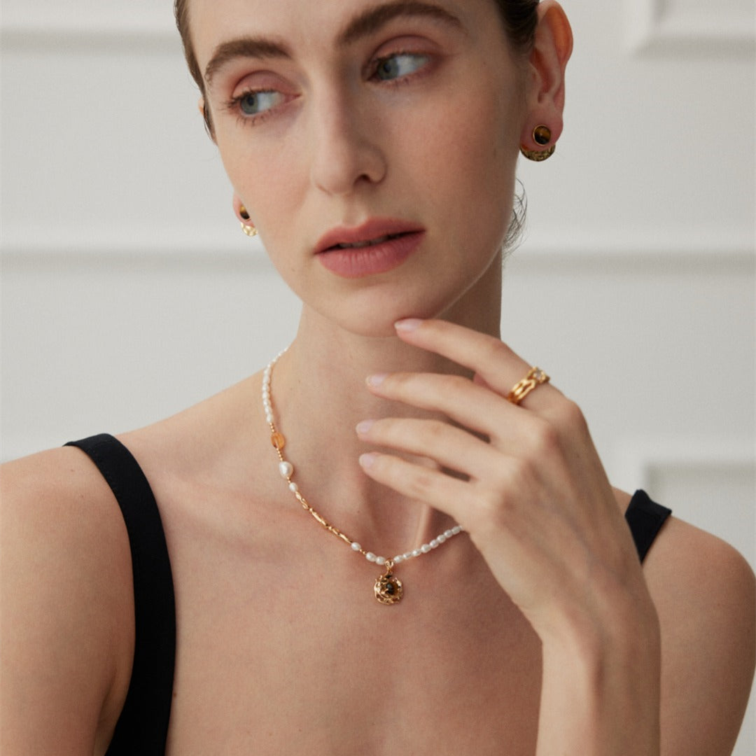 Freshwater Pearl Necklace  with Tiger Eye Pendant