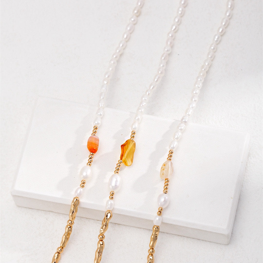 Freshwater Pearl Necklace  with Tiger Eye Pendant